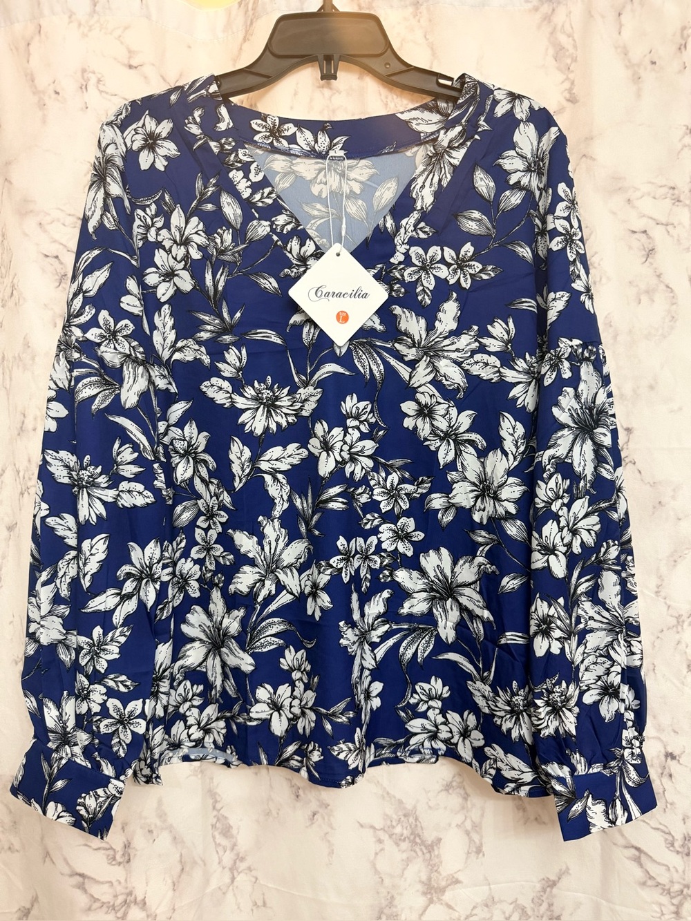 Caracilia Blue Floral V-Neck Long Sleeve Blouse